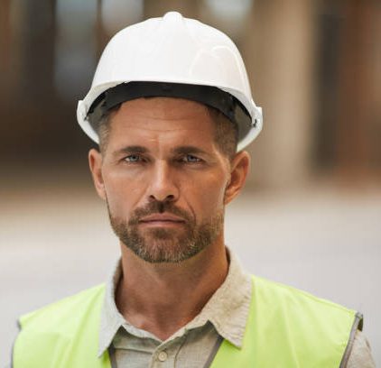 Close up portrait of mature construction worker wearing hardhat and looking at camera while standing at construction site, copy space