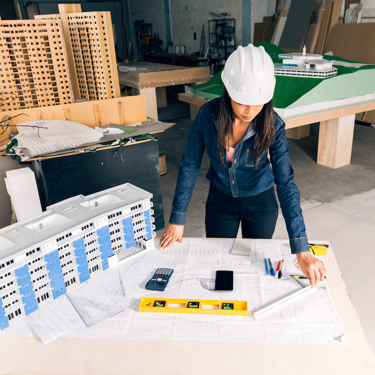 african-american-lady-safety-helmet-standing-near-model-building_23-2148039865